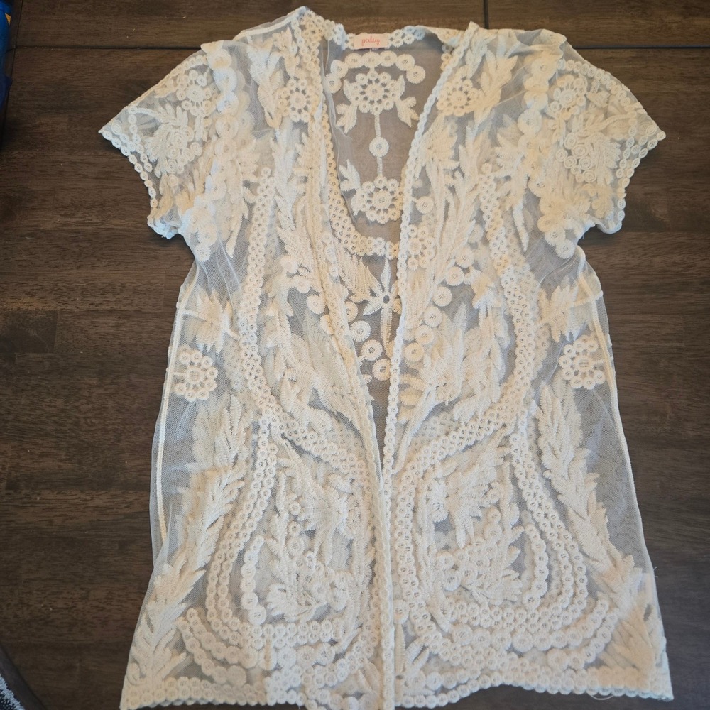 Pixley‎ Ivory Floral Lace Open Front Cardigan  Boho Mesh Kimono Med Stitch Fix
